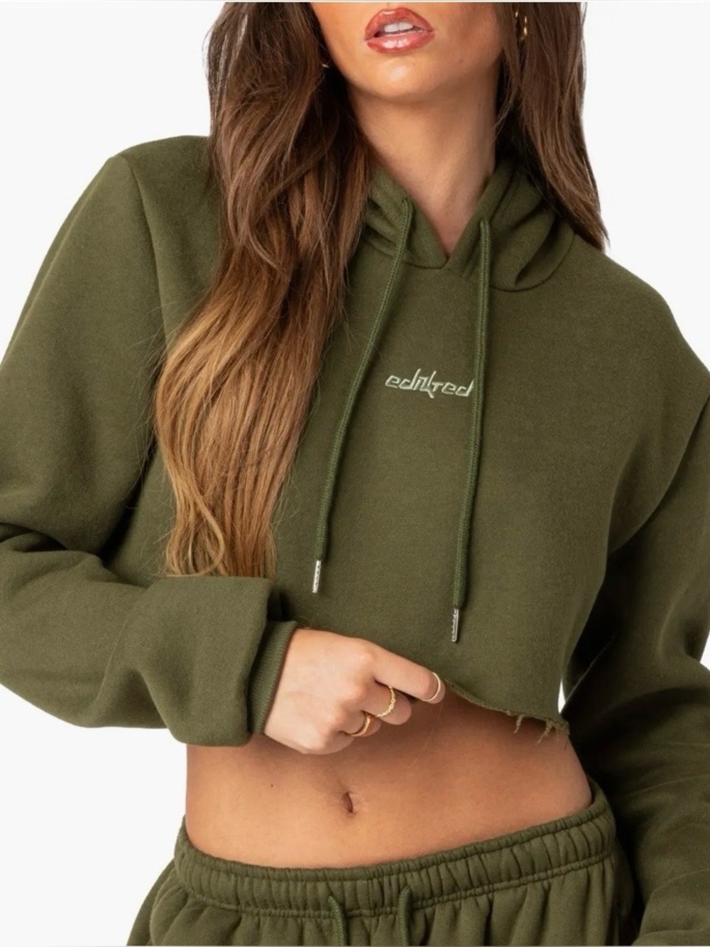 Edikted Olive Cropped Hoodie Sweatshirt